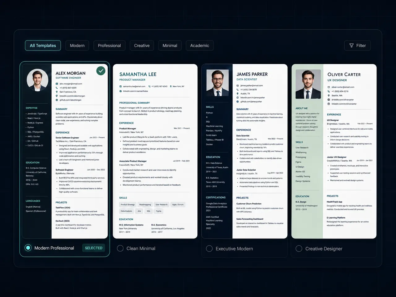 CV Forge template selection interface