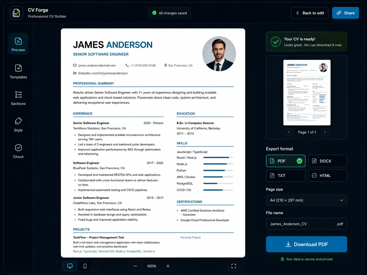 CV Forge builder preview interface