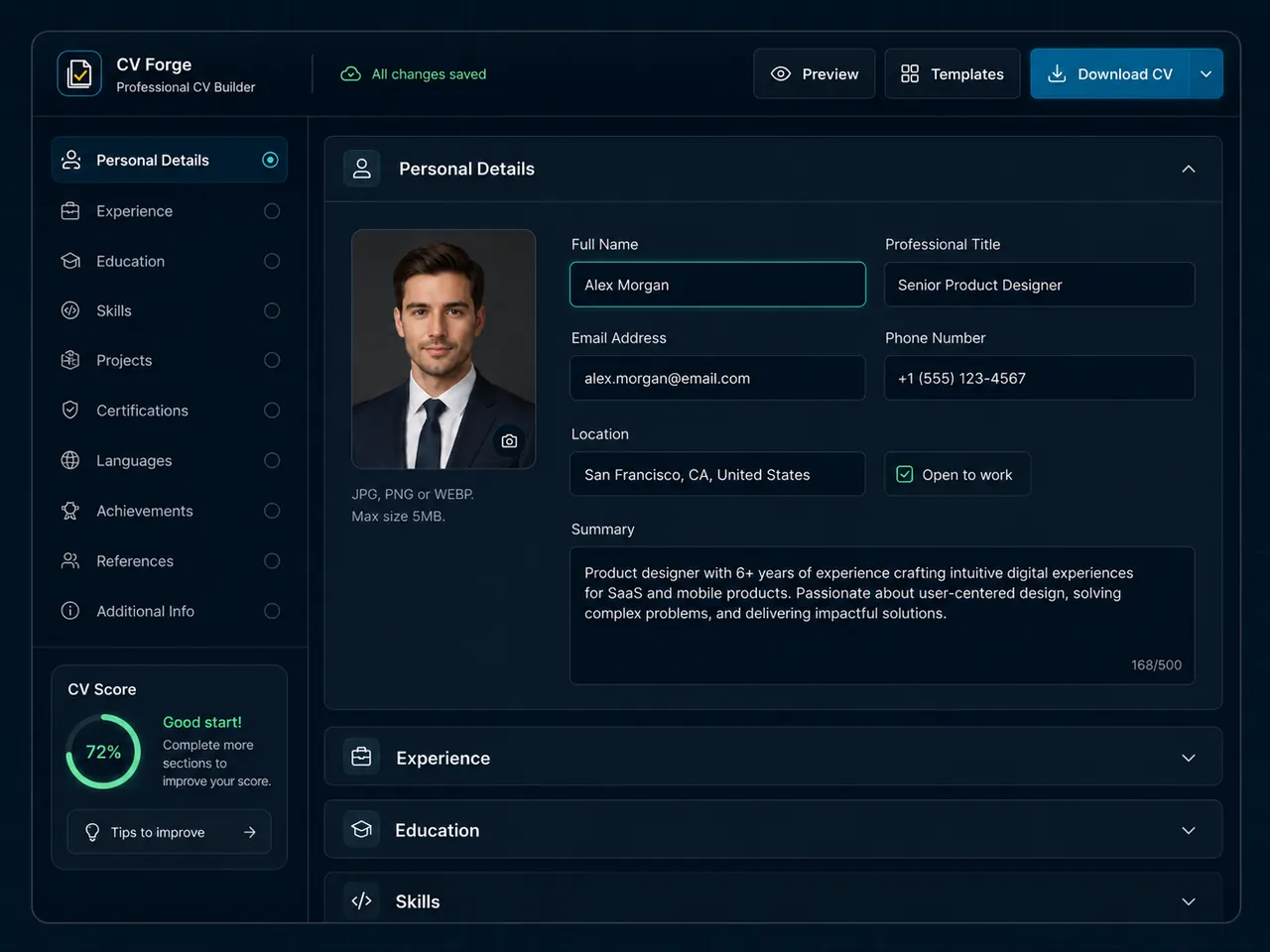 CV Forge download-ready builder interface