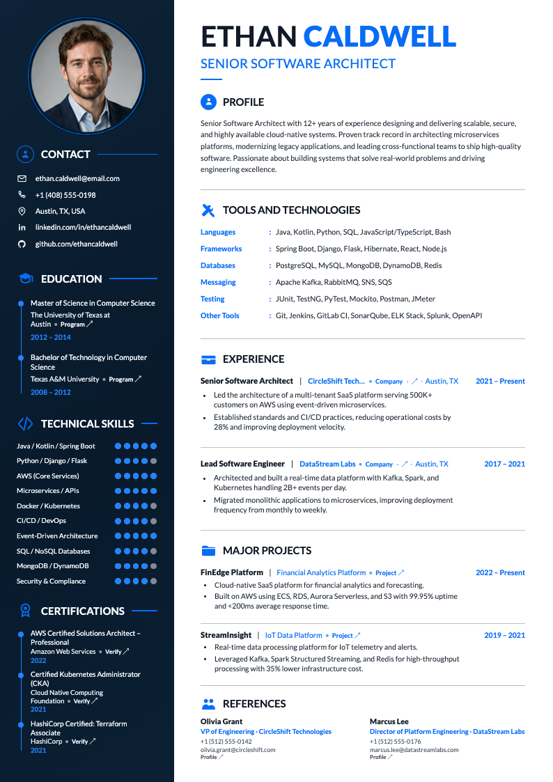 Navy Software Architect CV template preview