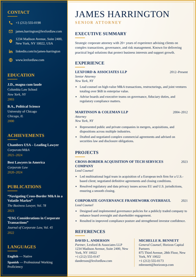 Navy Gold Senior Attorney CV template preview