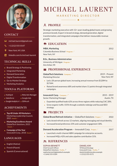 Burgundy Marketing Director CV template preview