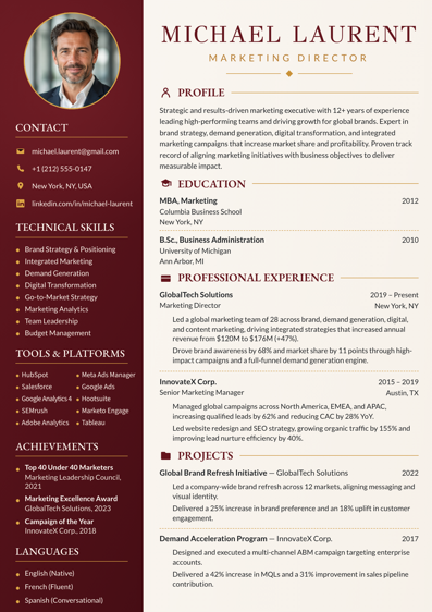 Burgundy Marketing Director CV template preview
