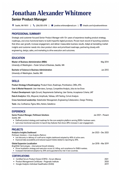 Professional Product Manager CV template preview