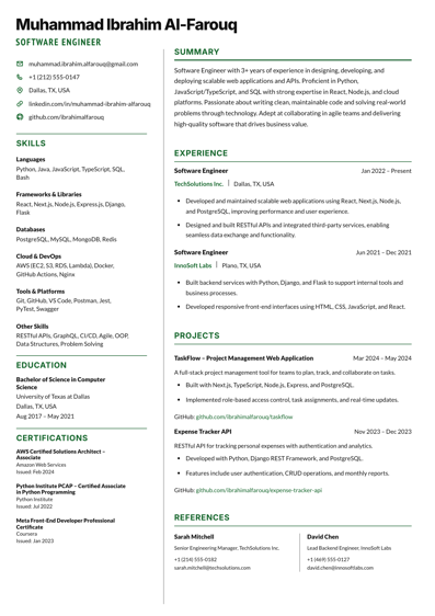 Software Engineer CV template preview