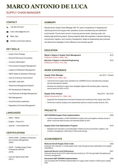 Supply Chain Manager CV template preview