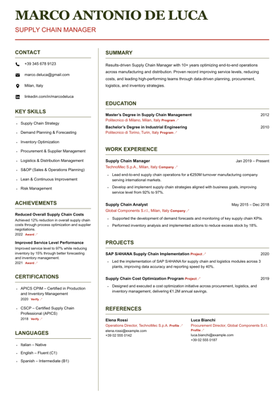Supply Chain Manager CV template preview