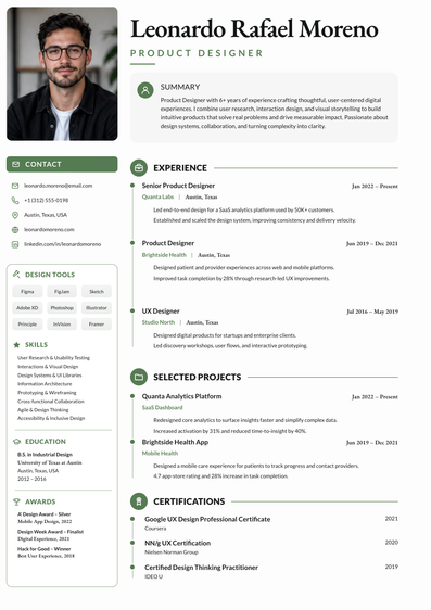 Product Designer Portfolio CV CV template preview