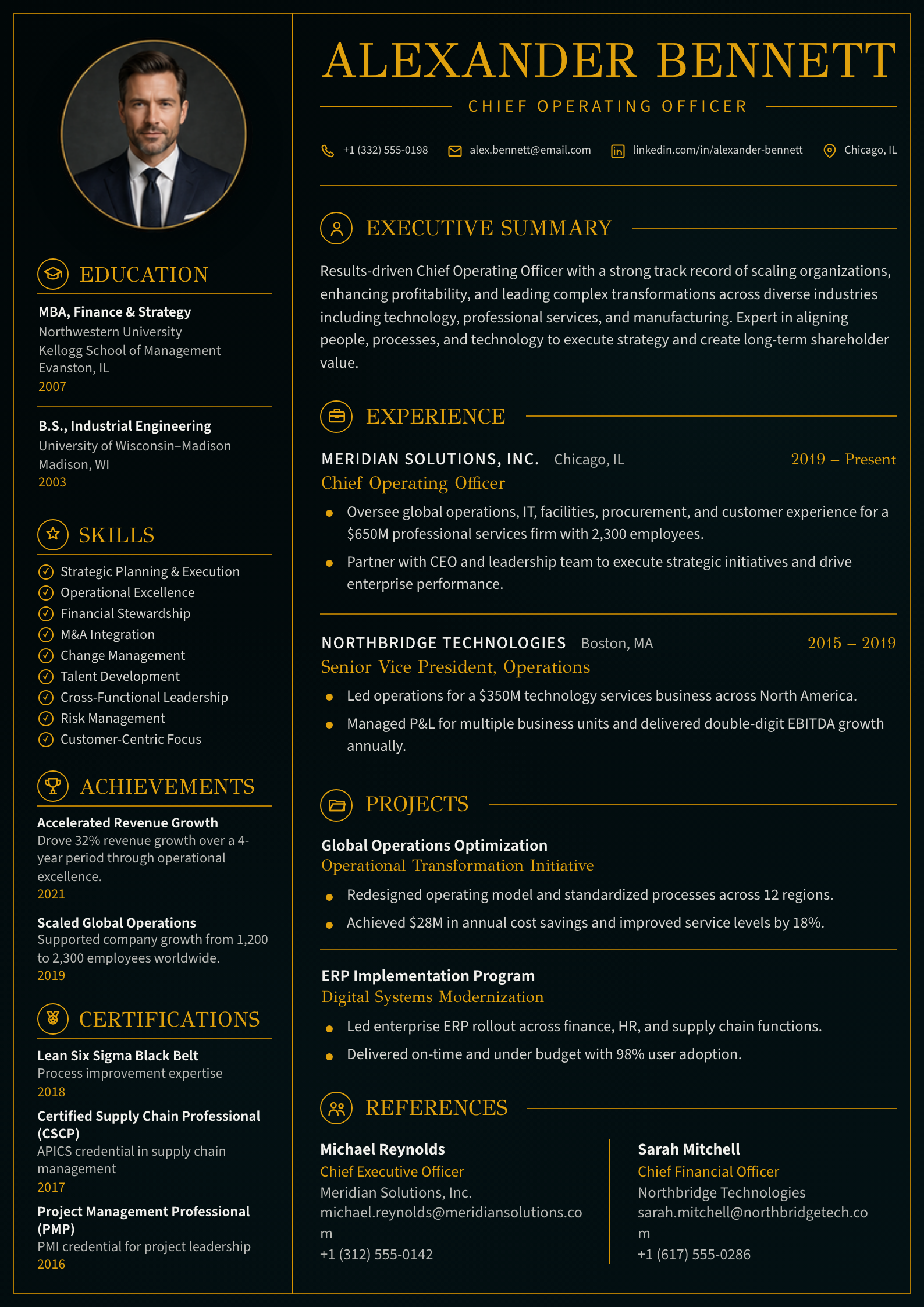 Dark COO Executive CV template preview