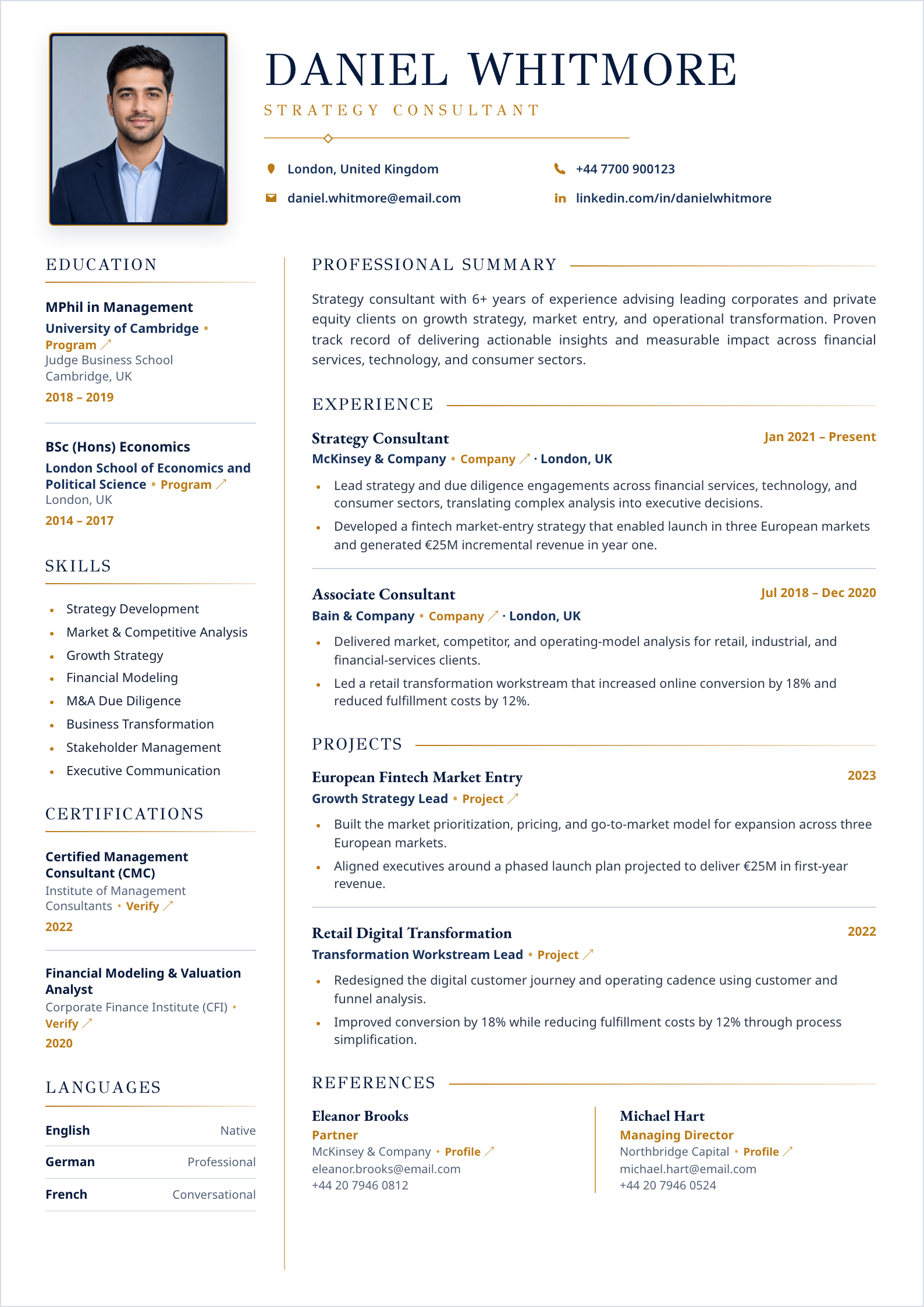 Navy Strategy Consultant CV template preview