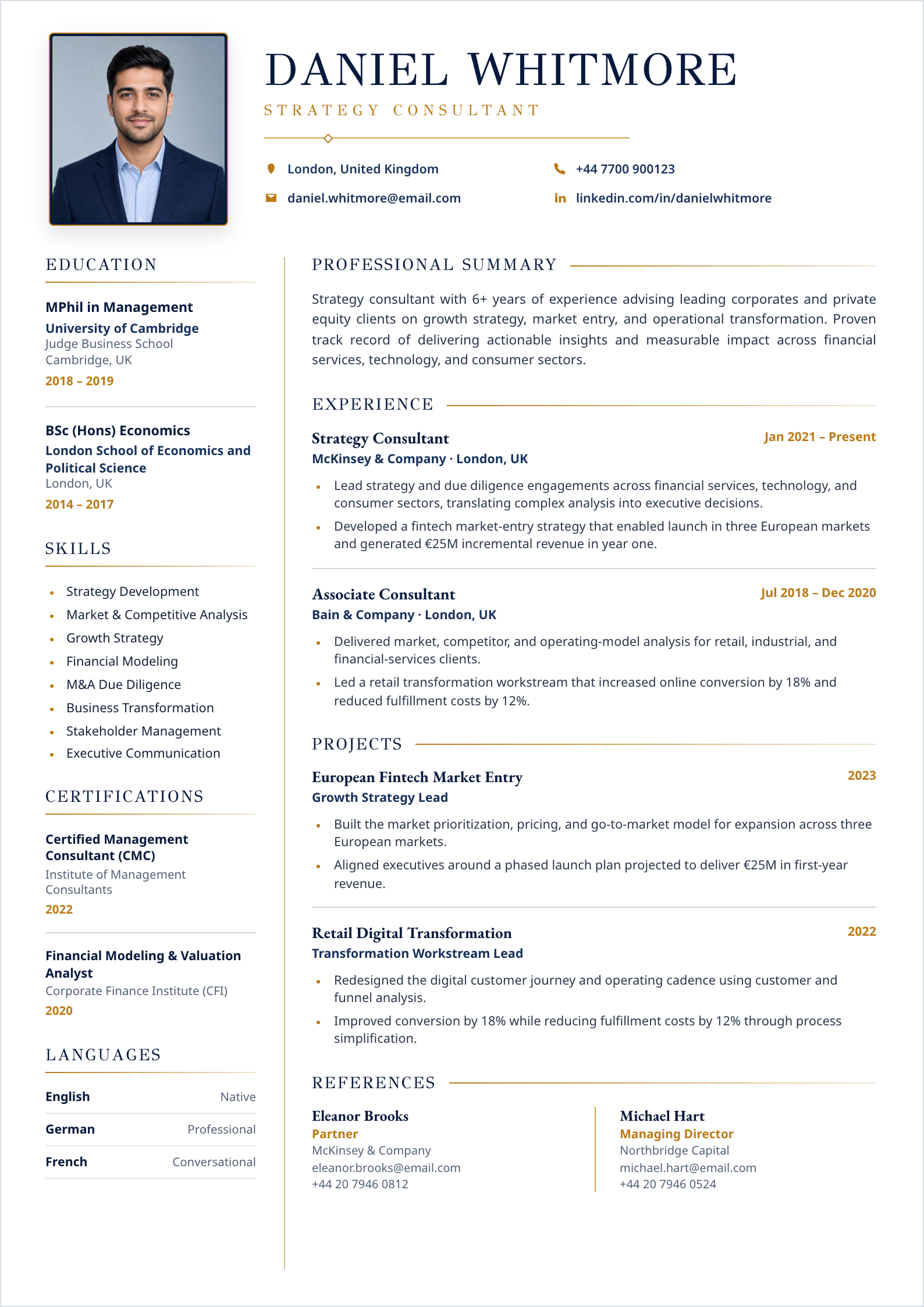 Navy Strategy Consultant CV template preview
