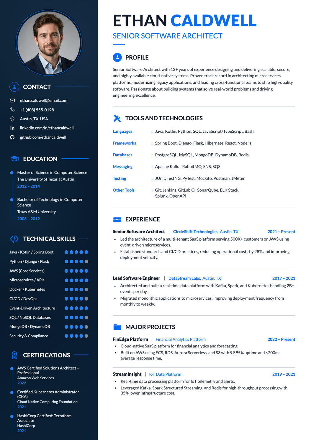 Navy Software Architect CV template preview