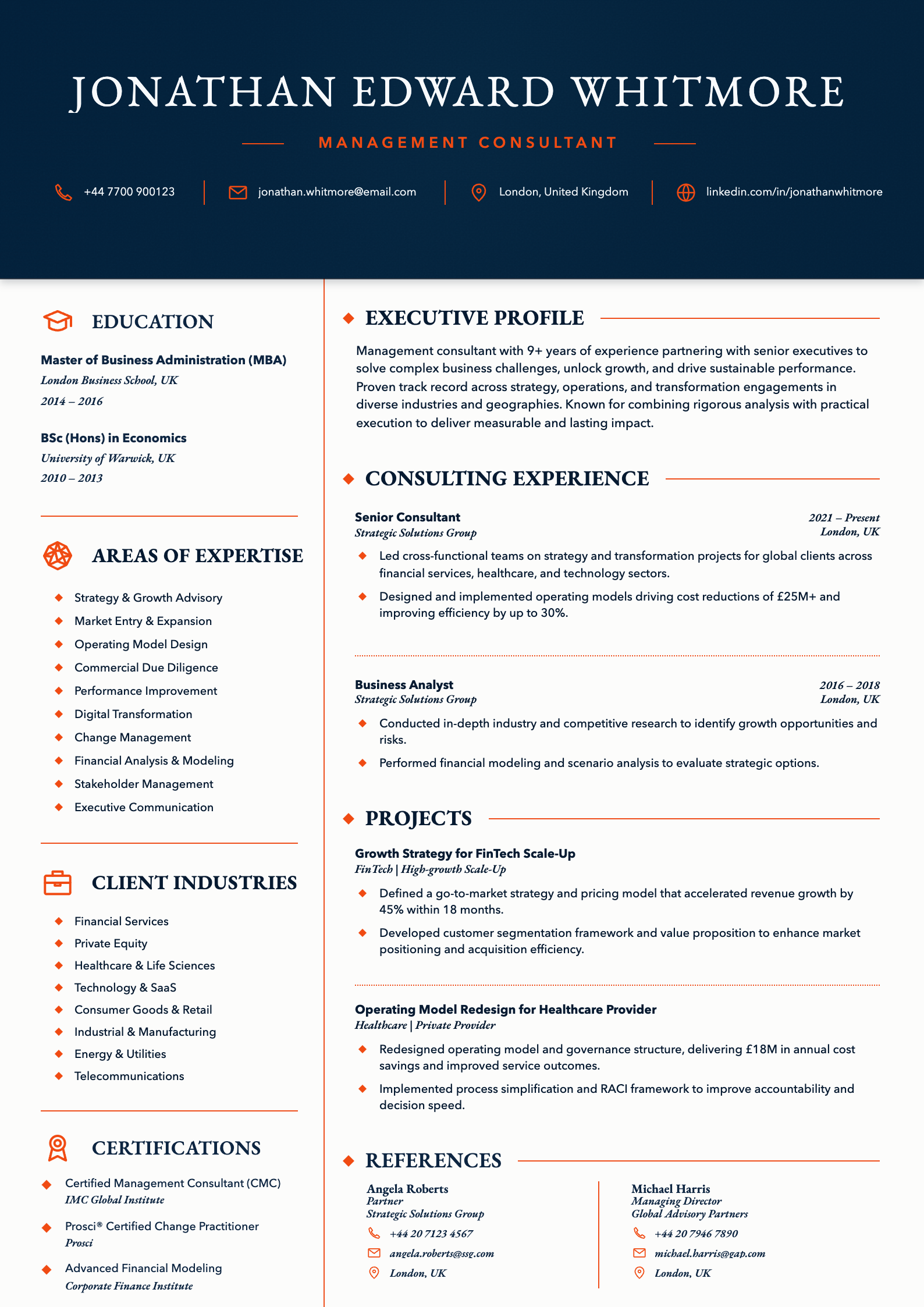 Management Consultant CV template preview
