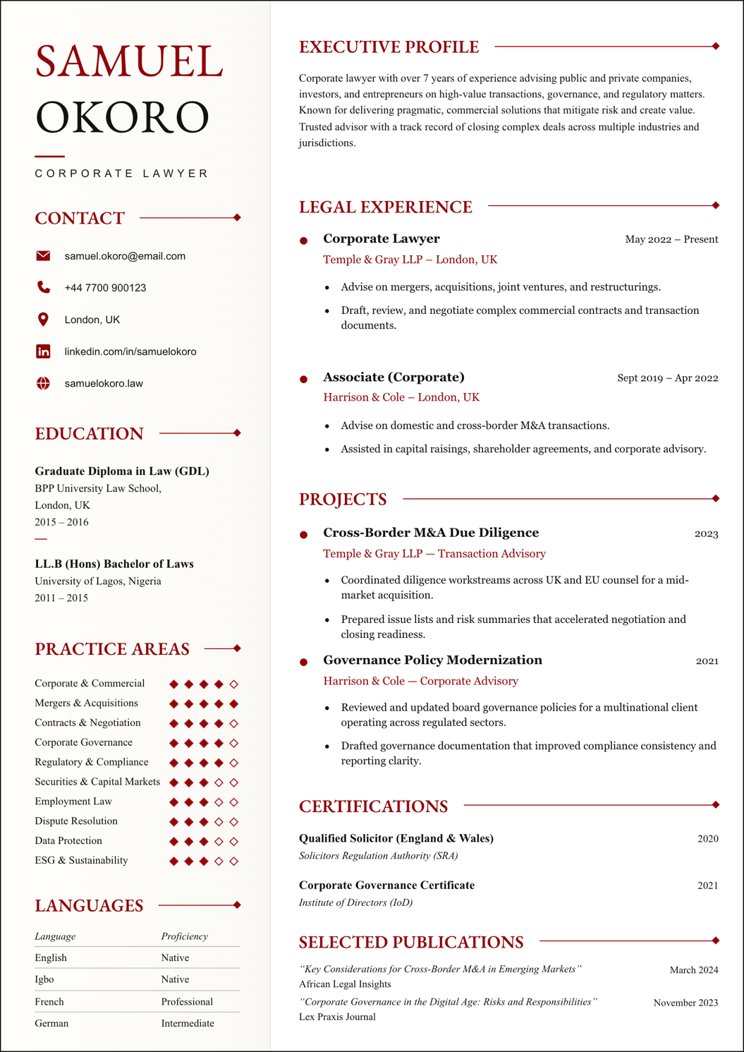 Corporate Counsel CV template preview